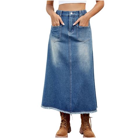 Lovskoo Women S Vintage A Line Maxi Denim Skirt Distressed High Waist