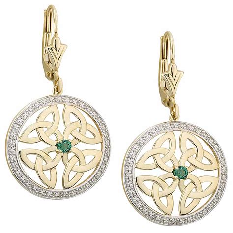 Irish Earrings K Gold Diamond Emerald Trinity Knot Celtic