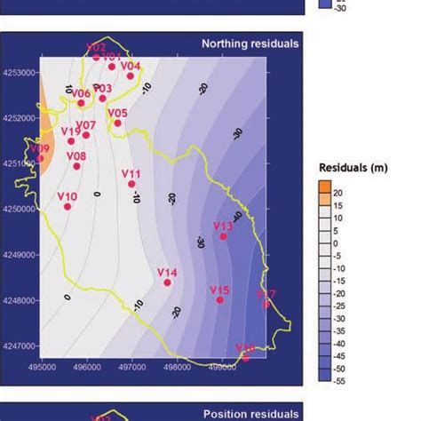 Maps Of Easting Northing And Position Residuals Between The Measured