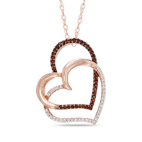 1 6 Ct T W Enhanced Cognac And White Diamond Tilted Double Heart Pendant In 10k Rose Gold Zales