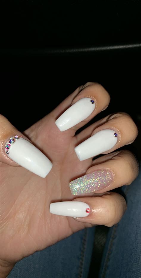 Coffin Long White Acrylic Nails With Diamonds You Can Either Grow