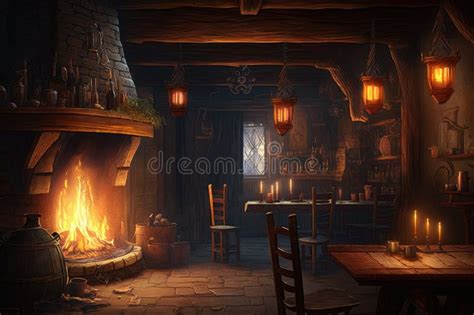 Medieval Tavern With Cozy Fireplace And Warm Atmosphere Perfect