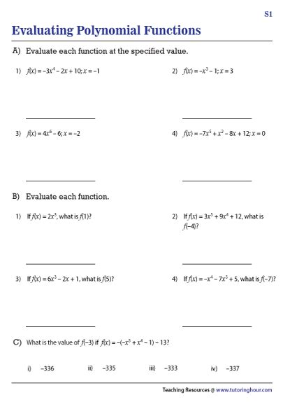 Evaluating Polynomial Functions Worksheets