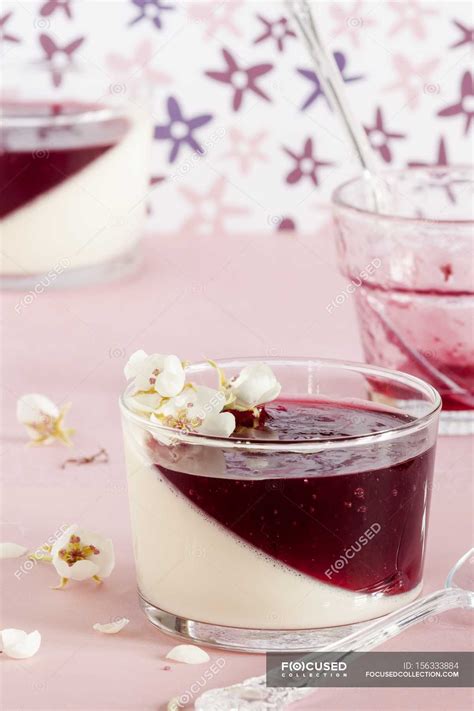 Panna Cotta With Cherry Mousse — Traditional Sweet Stock Photo