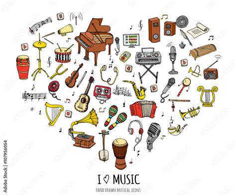 Hand Drawn Doodle Music Set Vector Illustration Musical Instrument And