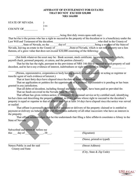 Nevada Affidavit Of Entitlement For Estates That Do Not Exceed 20000 Nrs146080 Us Legal Forms