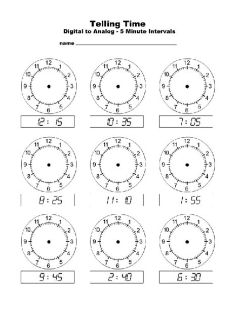 Telling Time Digital To Analog 5 Minute Intervals Worksheet For 2nd