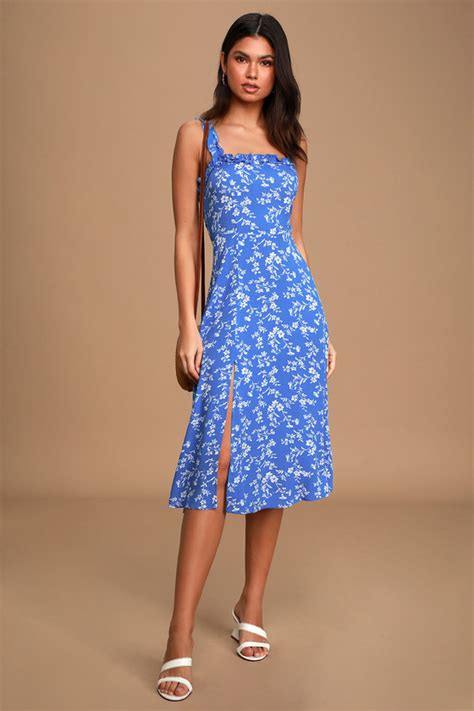 Pretty Blue Dress Floral Print Midi Dress Ruffled Midi Dress Lulus