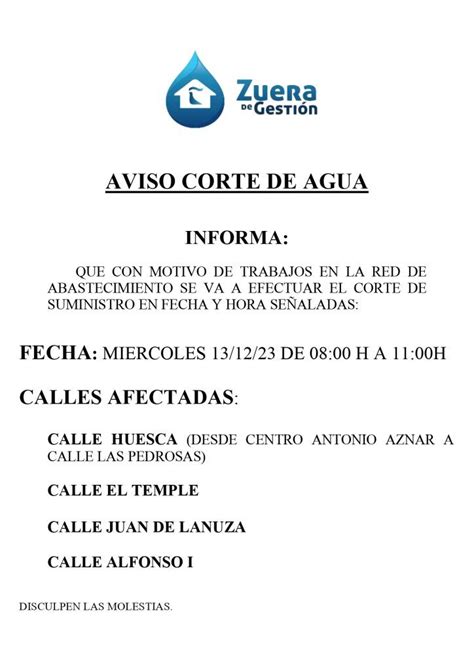 Aviso De Corte De Agua 13 12 Ayuntamiento De Zuera