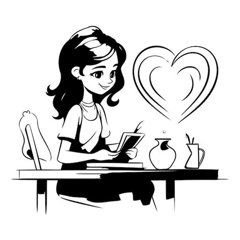 Mujer Joven Sentada En La Mesa Y Leyendo Una Ilustraci N Vectorial De