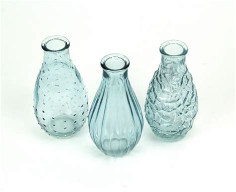 Set Of 3 Light Blue Decorative Textured Glass Bottle Bud Vases 575