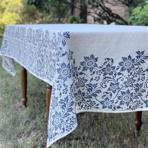 Hand Printed Linen Tablecloth Flora Blue Navy Allora