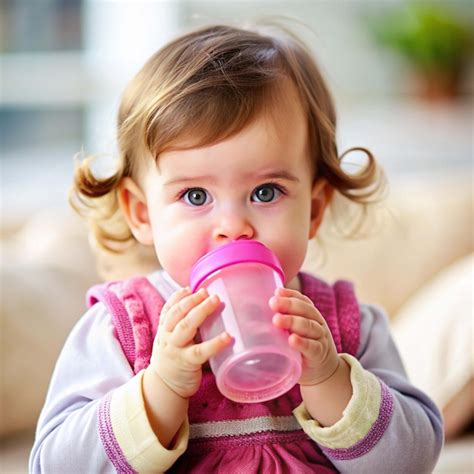 Premium Photo A Baby Is Drinking From A Pink Sippy Cup