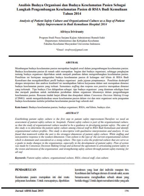 Analisis Budaya Organisasi Dan Budaya Keselamatan Pasien Sebagai
