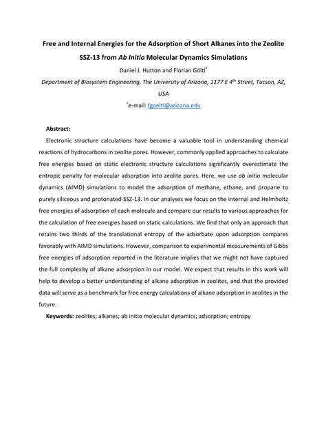 Pdf Free And Internal Energies For The Adsorption Of Short Alkanes