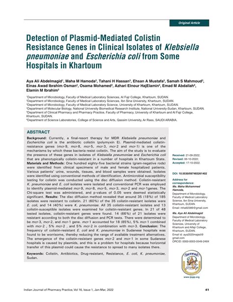 Pdf Detection Of Plasmid Mediated Colistin Resistance Genes In