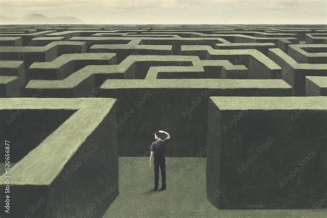 Illustration Of Man Lost In A Complex Labyrinth Surreal Abstract