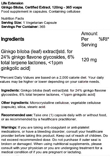 Life Extension Ginkgo Biloba Certified Extract 120mg 365 Vcaps