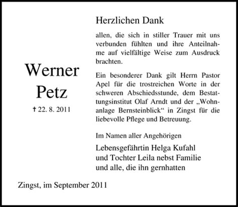 Traueranzeigen Von Werner Petz Trauer Anzeigen De