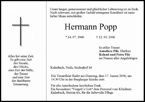 Hermann Popp Traueranzeige Trauer Infranken De