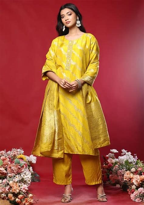 Buy Women Mustard Floral Embellished Brocade Kurta Set With Pants And Dupatta Luxury Kurta Set