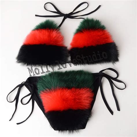 Multi Color Real Fox Fur Bikini Set One Size Strap Adjusted Etsy