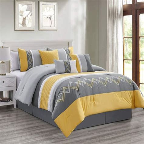 Full Queen Cal King Yellow Gray Grey Zig Zag Striped 7 Pc Comforter Set