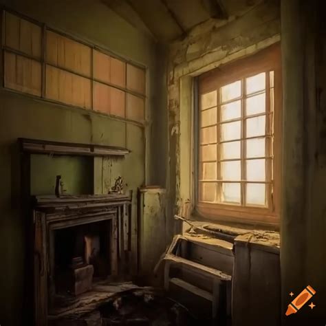 Detailed Abandoned Attic With A Brick Fireplace And Tall Windows