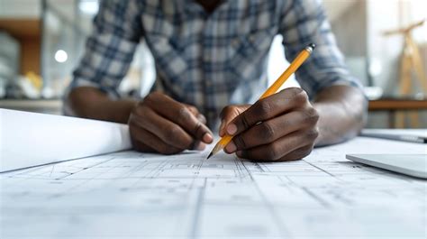 Black Man Office And Drawing On Blueprint With Pencil For Planning A