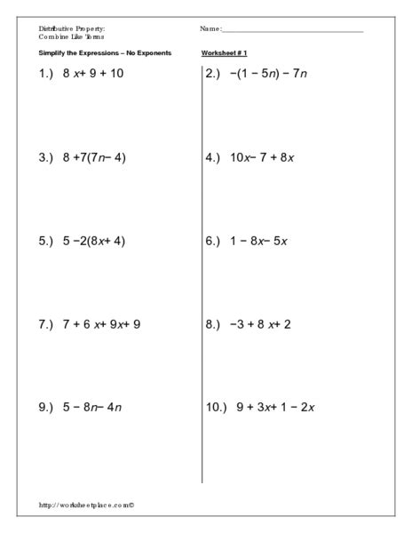 Distributive Property Combine Like Terms Worksheet For 8th 10th Grade Lesson Planet