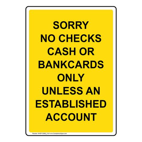 Vertical Sign Retail Sorry No Checks Cash Or Bankcards