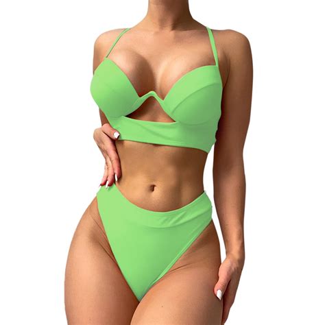 Vbarhmqrt Swim Suits For Women 2024 Two Piece Bikini Solid Color Neck