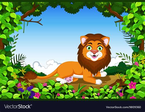 Lion cartoon sitting in the jungle Royalty Free Vector Image