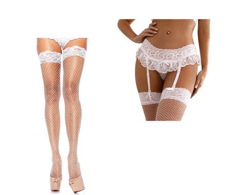 White Floral Lace Suspender Garter Belt Thong Set With Thigh High