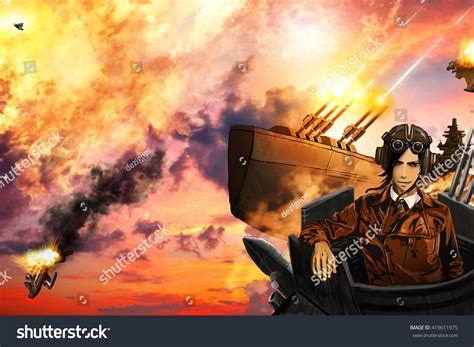 Airships Battle Style Steampunk Anime Stock Illustration 419611975