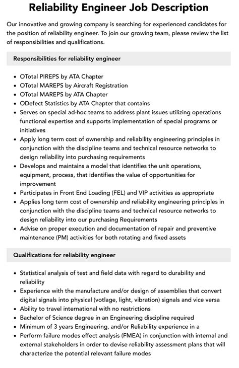 Reliability Engineer Job Description Velvet Jobs