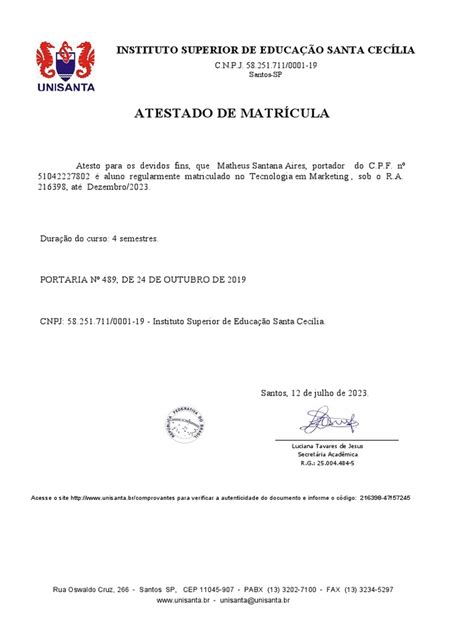 O Que É Atestado De Matricula - Atestado de Matrícula - Unisanta | PDF