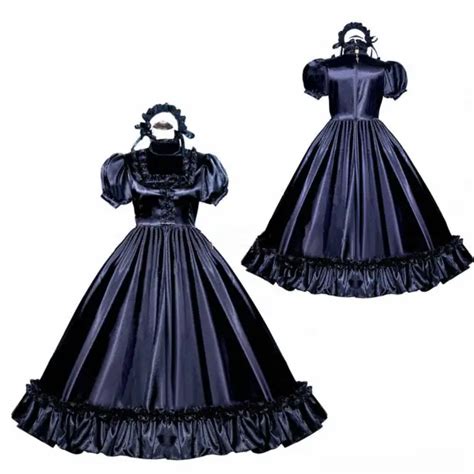 French Maid Sissy Girl Lockable Black Satin Dress Cosplay Costume