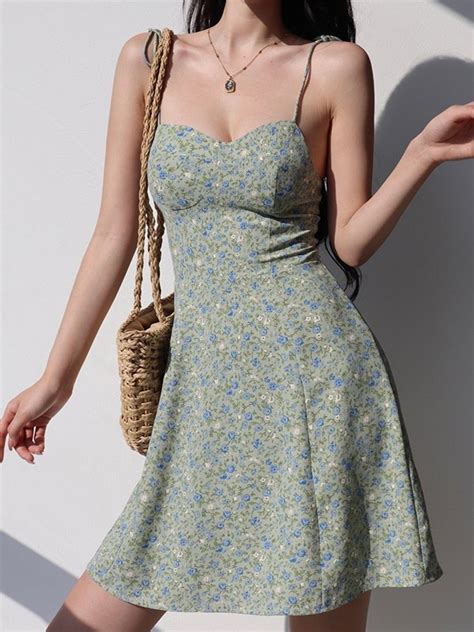 Emmiol Free Shipping 2024 Lace Up Floral Green Mini Dress Green S In