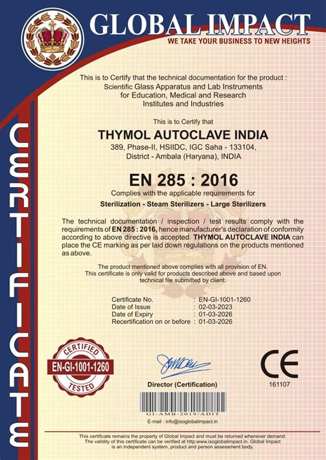 Certifications Thymol Autoclave India