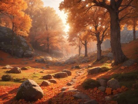 Premium AI Image Vibrant Autumn Leaves Illuminate Tranquil Forest At Dusk