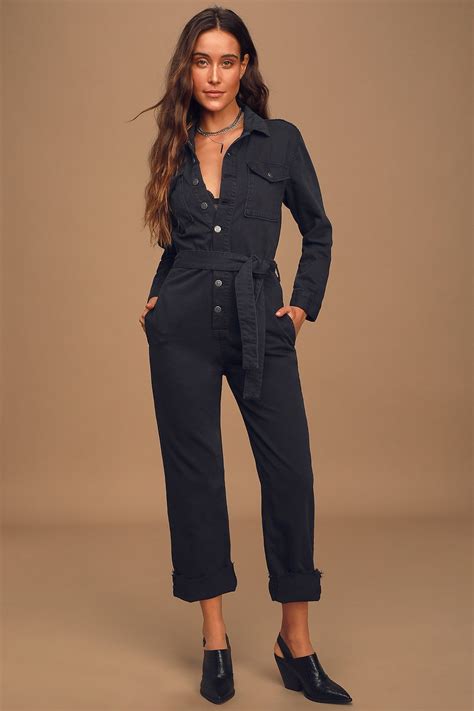 The Guy Black Denim Long Sleeve Utility Jumpsuit