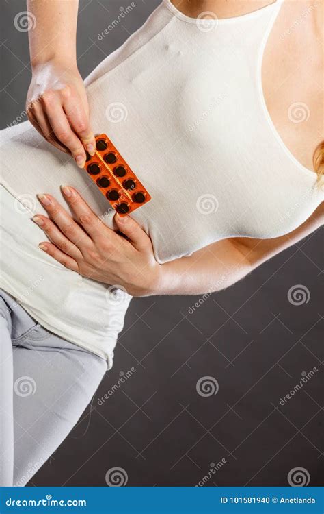 Woman Suffer From Belly Pain Holds Pills Stock Photo Image Of