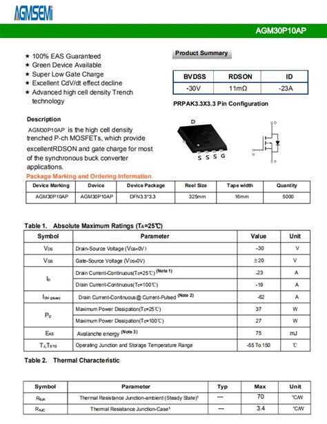 AGM30P10AP 30v耐压的p 型mos DFN33 适用于PD快充 深圳市骊微电子科技 电子发烧友网