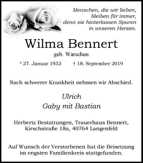 Traueranzeigen Von Wilma Bennert Trauer In NRW De