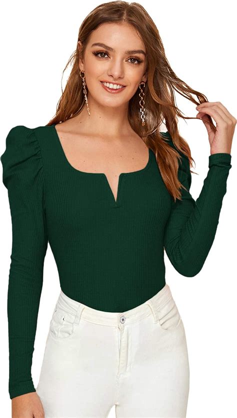 Floerns Womens Solid Square Neck Puff Long Sleeve Ribbed Knit Slim Fit