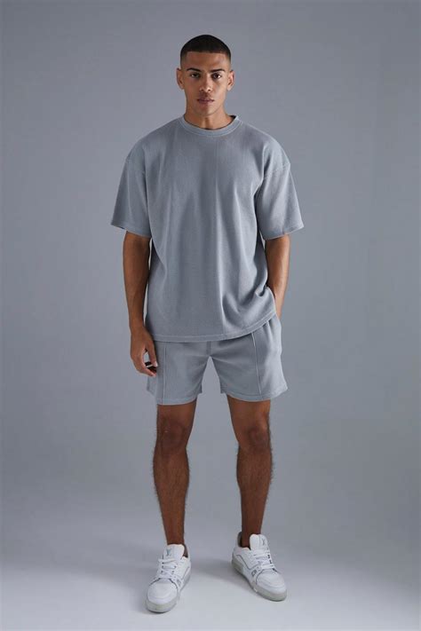 Mens Oversized Waffle T Shirt And Short Set Boohoo Uk