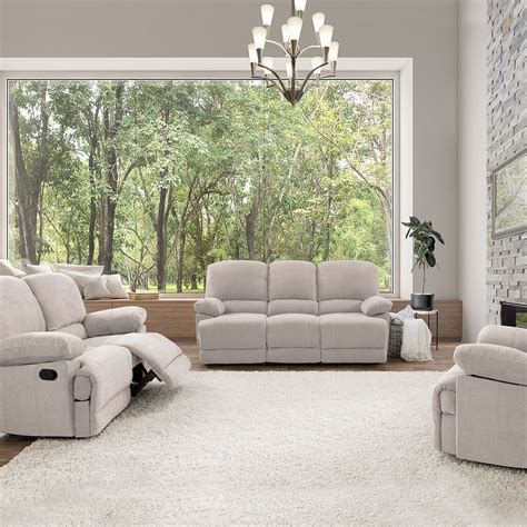 Corliving 3 Piece Lea Beige Chenille Fabric Reclining Sofa Set The Home Depot Canada