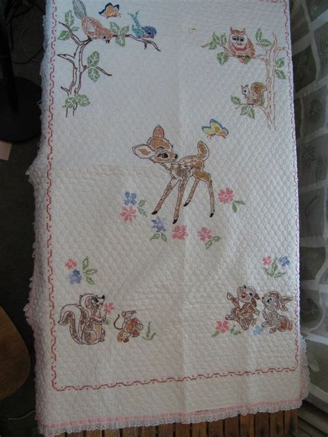 Vintage Bambi Hand Embroidered Baby Quilt Blanket Throw Etsy Baby