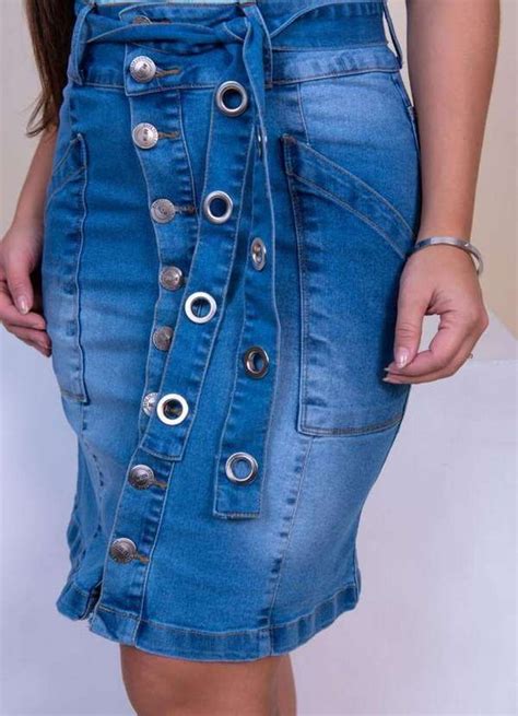 Kibella Saia Evangélica Jeans Ilhós Azul Saias da moda Saia jeans